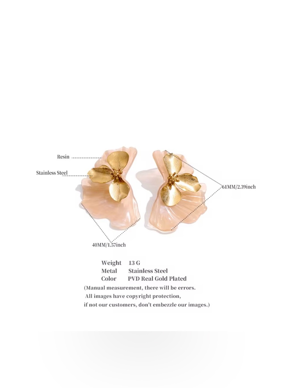 Golden Floral Statement Earrings – Tortoise Shell Resin Petals - Picture 3 of 4